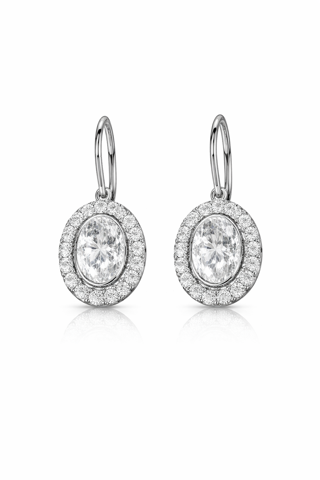 Élégantes boucles d'oreilles pendantes ovales avec oxydes de zirconium sertis en halo – Dormeuses classiques effet argenté