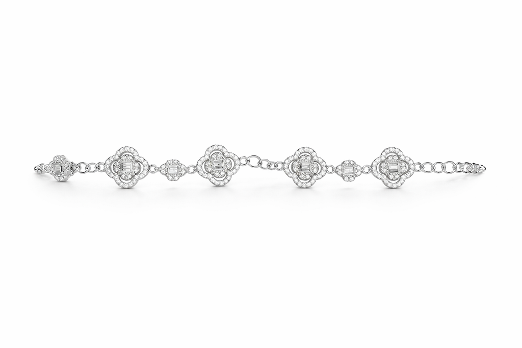 Bracelet trèfle en argent sterling – Zircons taille baguette et pavé