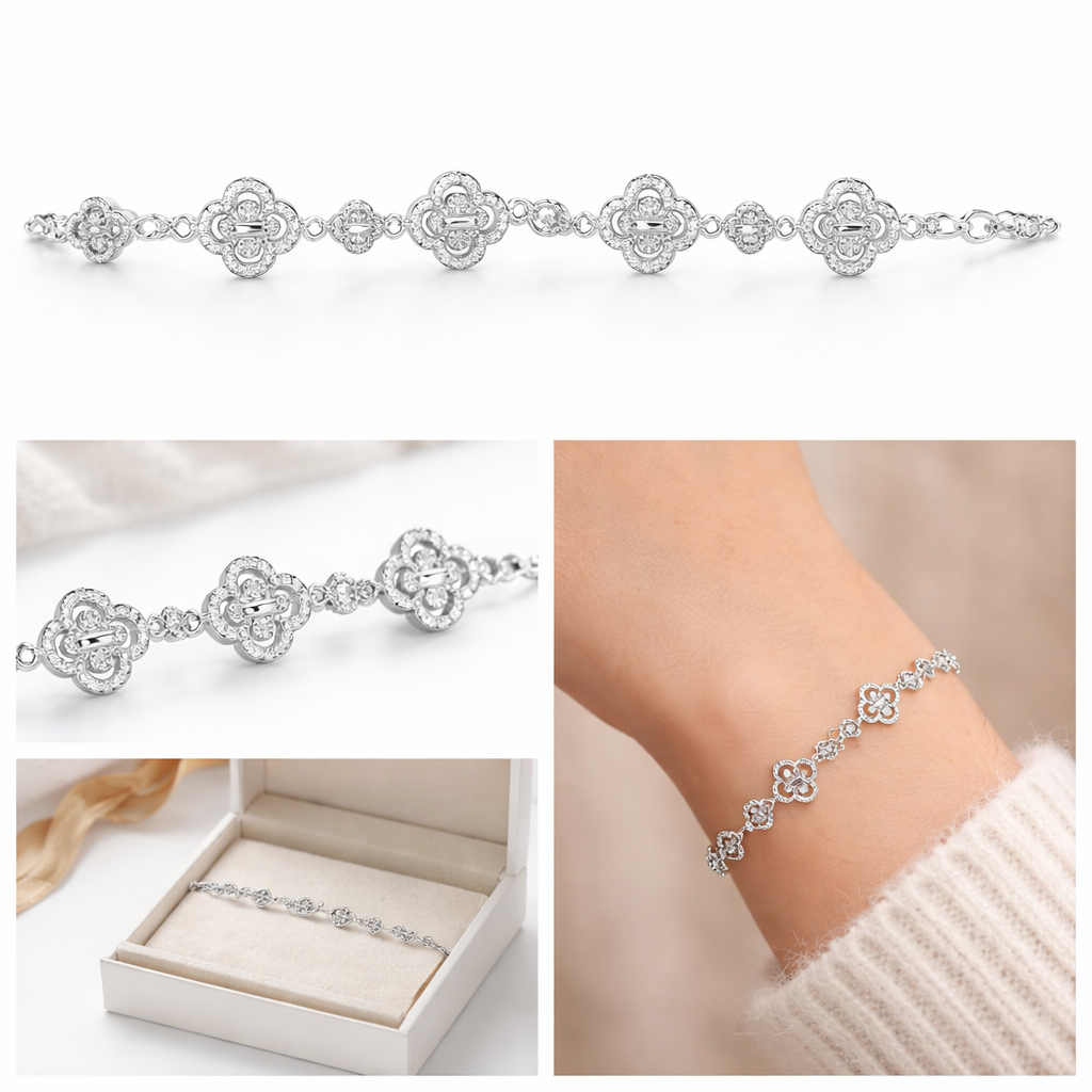 Bracelet trèfle en argent sterling – Zircons taille baguette et pavé