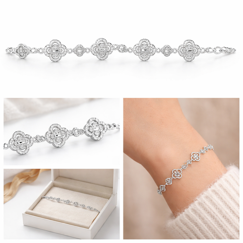 Kleeblatt-Armband in Sterling Silber – Baguette & Pavé Zirkonia