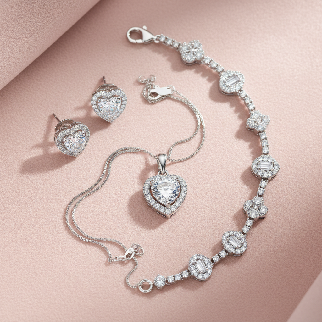 Romantik-Set – Herzschlag Anhänger, Sparkling Heart Ohrstecker & Kleeblatt-Armband