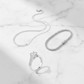 Ensemble classique argenté – Collier Singapour, bracelet tennis et bague solitaire