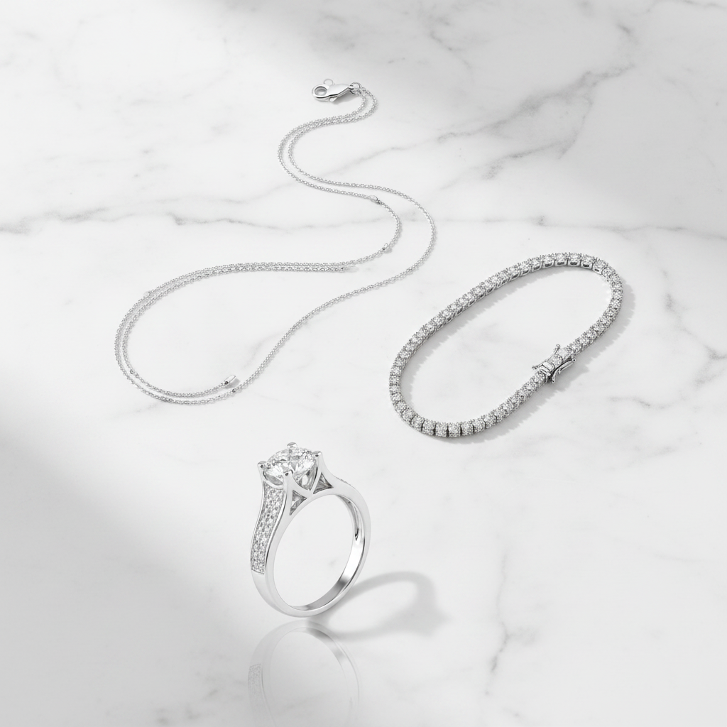 Silber-Klassiker-Set – Singapore-Halskette, Tennisarmband & Solitär-Ring
